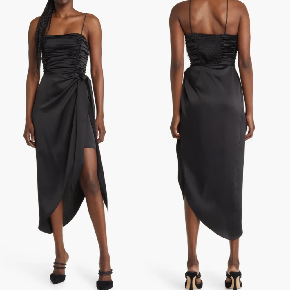 NEW WAYF Black RUCHED BODICE Satin FAUX WRAP Skirt COCKTAIL Night Out MIDI DRESS